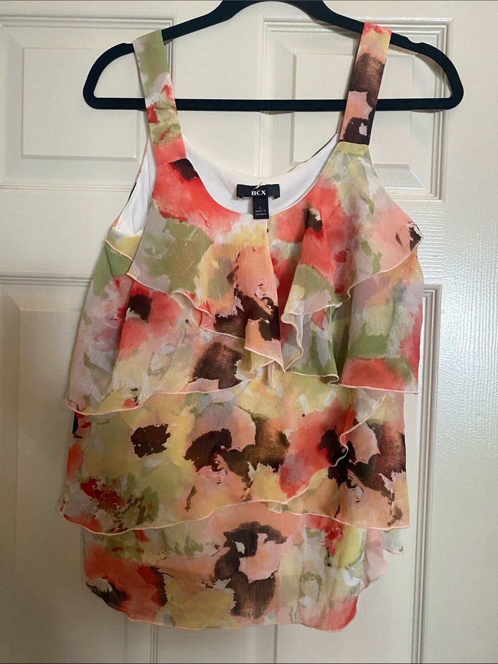 BCX Floral Ruffle Tiered Camisole in Coral, Green & Brown